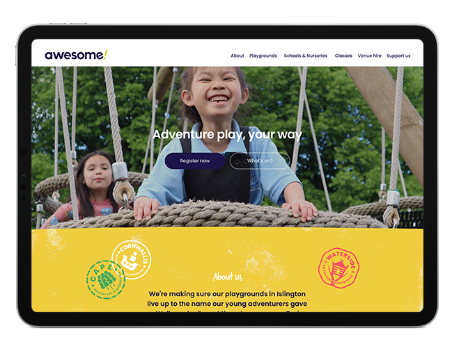 an ipad showing the Awesome adventure playground home page