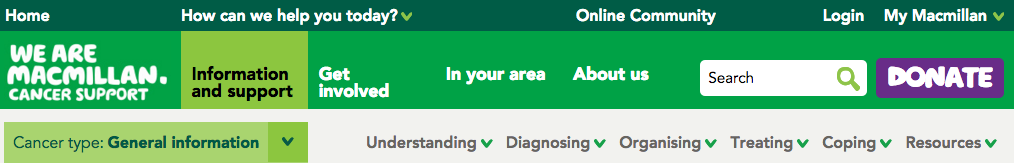 Screenshot of Macmillan Website Menu